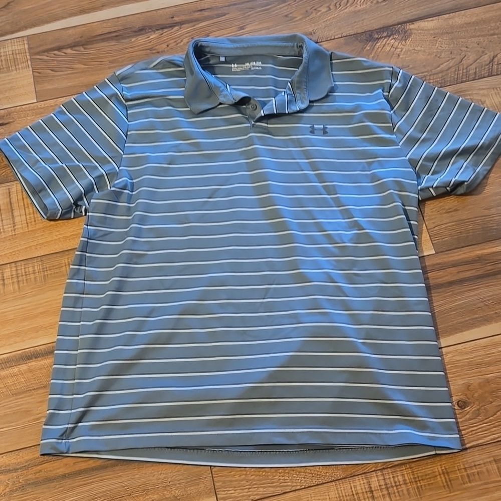 Mens Blue Striped Under Armour Heatgear Polo Dress Shirt